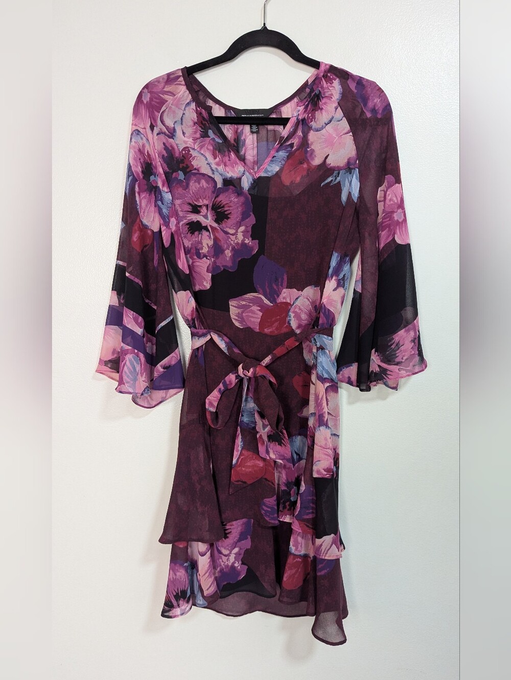 White House Black Market Purple Floral Bell Sleeve Tie Waist Dress Size Small